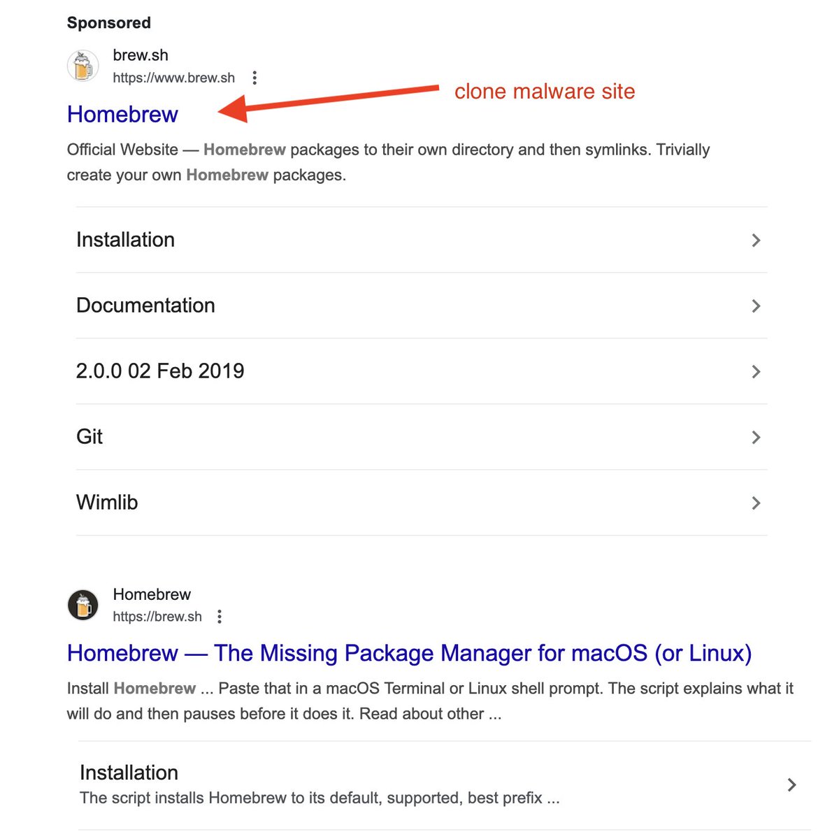 ryanchenkie's tweet image. ⚠️ Developers, please be careful when installing Homebrew.
Google is serving sponsored links to a Homebrew site clone that has a cURL command to malware. The URL for this site is one letter different than the official site.