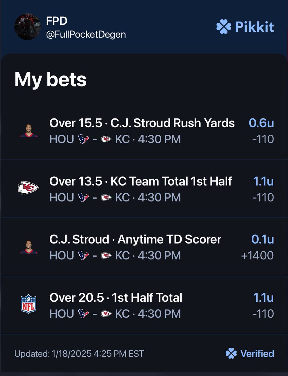 fullpocketdegen's tweet photo. #NFL AFC Divisional Round 🏈 

#GamblingTwitter #GamblingX #FullPockets #HTownMade #ChiefsKingdom https://t.co/vpCCpykJt0