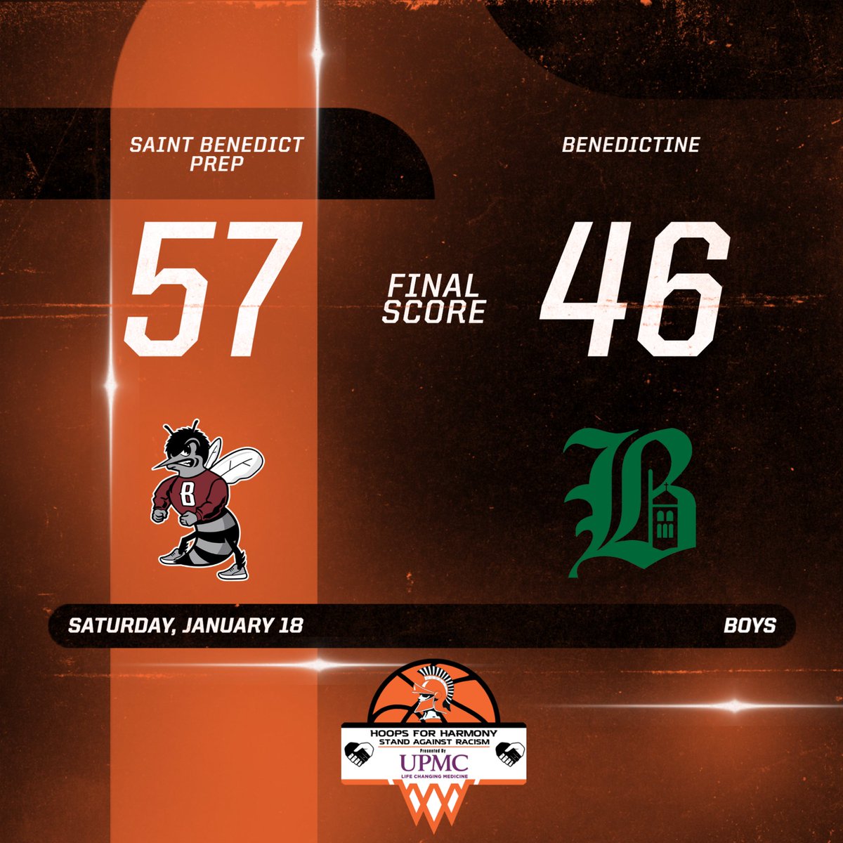 Strong showing by Saint Benedict Prep with a solid 57-46 win over Benedictine! 🏀💪 Incredible effort from both teams in the #HoopsForHarmony showcase. Great game and great sportsmanship! 👏🔥