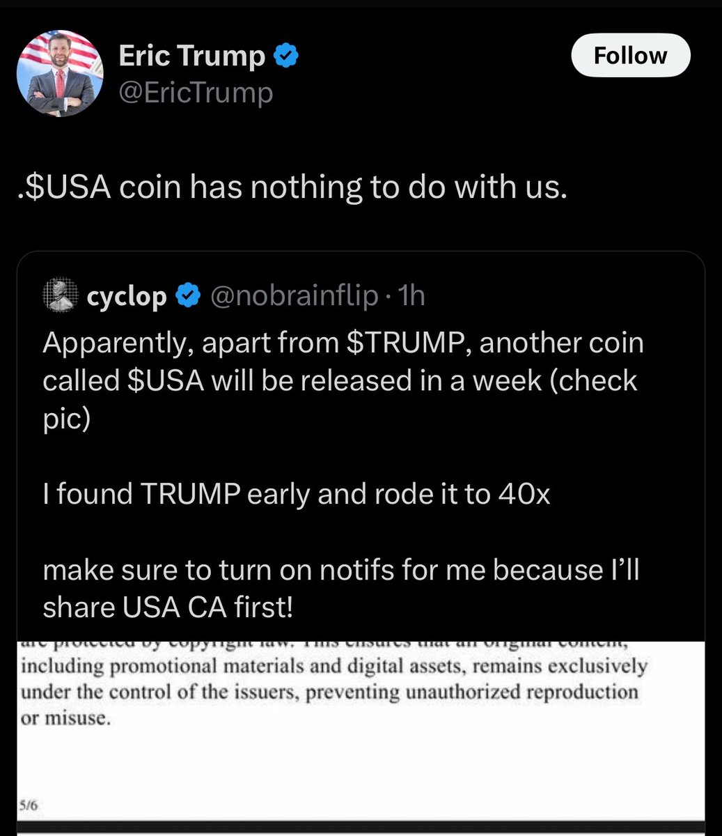 nobrainflip's tweet image. 🚨 Eric Trump confirmed it’s fake! 

FUD stopped, more liquidity will flow into one $TRUMP now.

Higher.