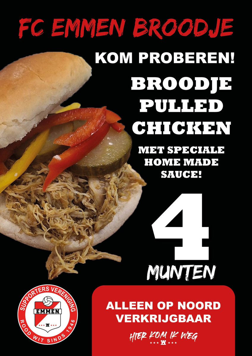 Bij de wedstrijd FC Emmen - FC Eindhoven is dit heerlijke broodje te verkrijgen voor de Noordtribune!

#FCEMMEN #HIERKOMIKWEG #EMMfce