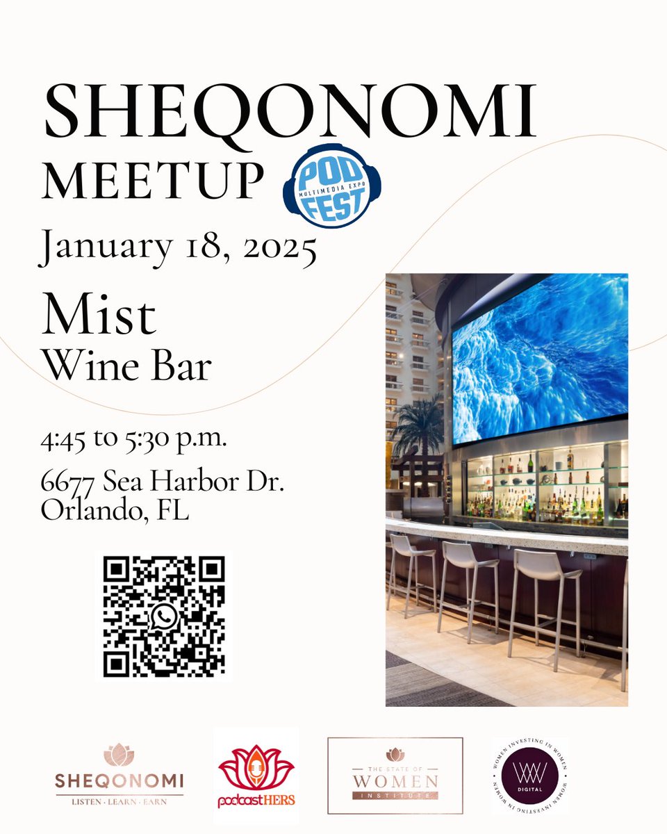 SHEQONOMI (@sheqonomi) on Twitter photo Finishing an amazing day at <a href="/PodfestExpo/">Podfest Multimedia Expo #podfest25 #Podfam</a>? Join #SHEQONOMI at Mist Wine Bar today to network & chat about #podcasting. Join fellow creators to share stories & raise a glass to podcasting journeys.
Drop by at 4:45 p.m.—we’ll be there until 5:30!
6677 Sea Harbor Dr Finishing an amazing day at <a href="/PodfestExpo/">Podfest Multimedia Expo #podfest25 #Podfam</a>? Join #SHEQONOMI at Mist Wine Bar today to network & chat about #podcasting. Join fellow creators to share stories & raise a glass to podcasting journeys.
Drop by at 4:45 p.m.—we’ll be there until 5:30!
6677 Sea Harbor Dr