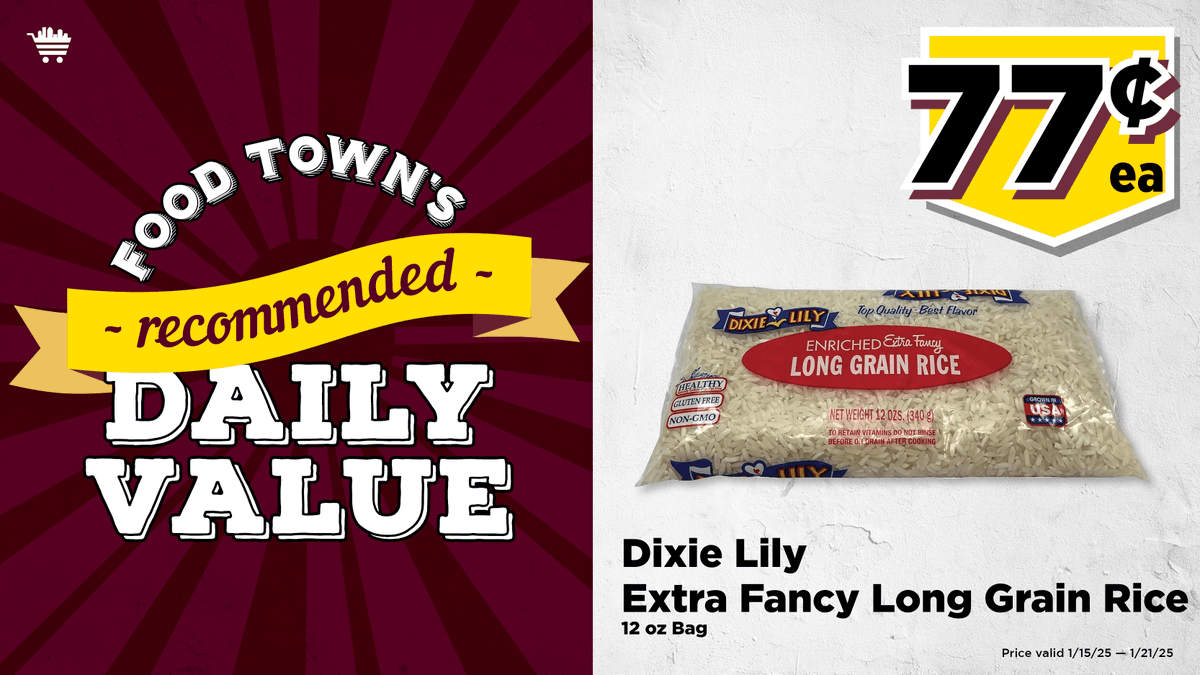YourFoodTown's tweet photo. It's your Food Town RDV – Dixie Lily Extra Fancy Long Grain Rice, 12 oz. Bag,, 77¢ ea.  (through 1/21/25) #rdv #save #everydayvalues #foodtownhouston https://t.co/chmsa5eopG