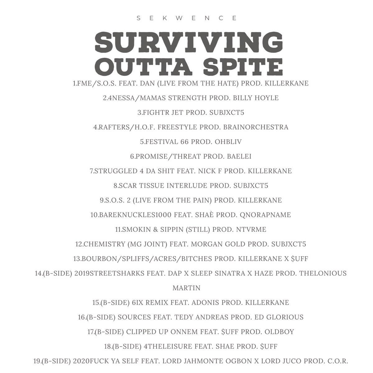 Sekwence's tweet image. SURVIVING OUTTA SPITE
SHOUT THE FAM , SHOUT THE SOUTH, IM STILL HERE THEY CANT TAKE ME OUT.
LIVE ON BANDCAMP NOW.
SHOUT THE FAM , SHOUT THE SOUTH, IM STILL HERE THEY CANT TAKE ME OUT.
GO COP
sekwence.bandcamp.com/album/survivin…