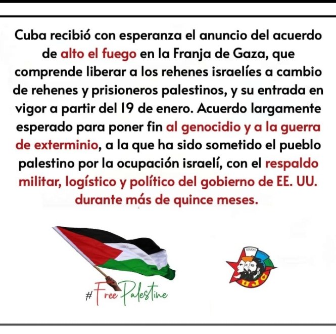 MezquiaDai22204's tweet photo. 🇵🇸🕊Faltan pocas horas para el inicio del cese al fuego en la Franja de Gaza. ¡Palestina Libre!
#FreePalestine 
#UJCArtemisa
#BTJArtemisa
#MJMArtemisa
#BTJ60
#18ReJAC https://t.co/YcSRI7LIxf