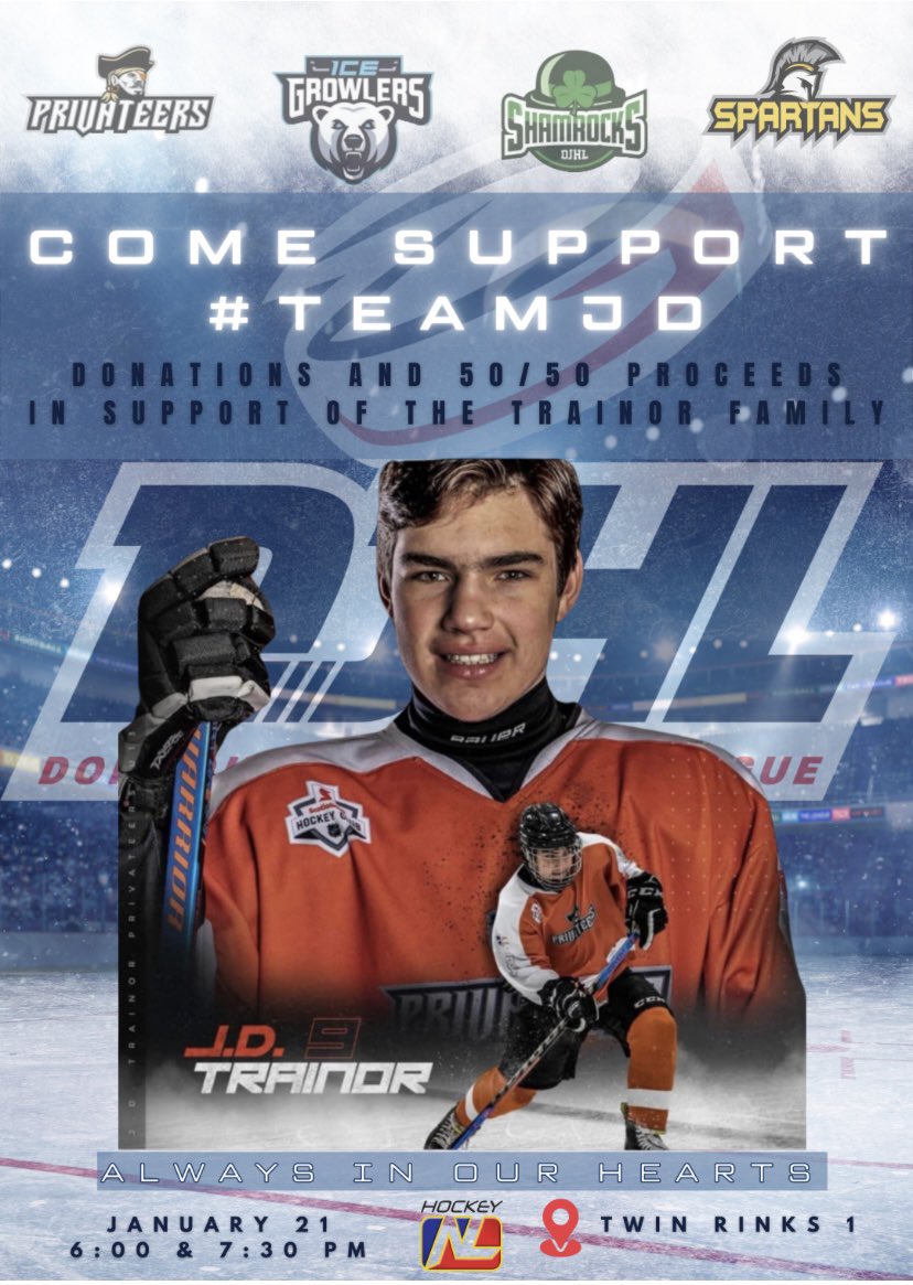 BNS Shamrocks Hockey U15AA (@bnsshamrocks) on Twitter photo In recognition of an amazing young hockey player and his many years within our @DJHLnews league, we’ll be collecting donations at Tuesday’s game in support of #TeamJD
<a href="/BNSSpartansU15/">BNSSpartans</a> <a href="/IceGrowlers/">BNS DJHL Ice Growlers</a> In recognition of an amazing young hockey player and his many years within our @DJHLnews league, we’ll be collecting donations at Tuesday’s game in support of #TeamJD
<a href="/BNSSpartansU15/">BNSSpartans</a> <a href="/IceGrowlers/">BNS DJHL Ice Growlers</a>