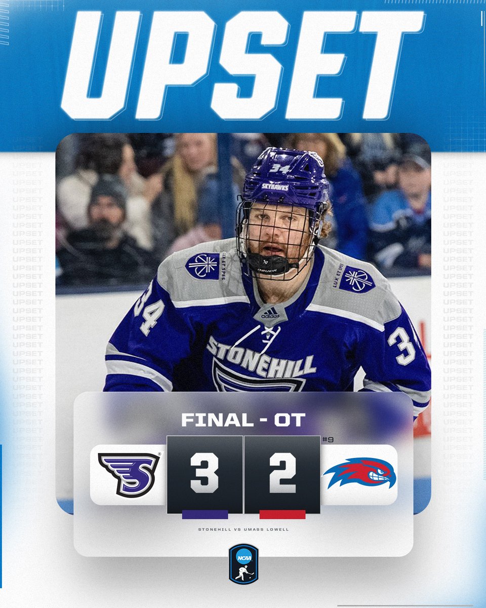 UPSET ALERT! 🚨

@StonehillHockey upsets No. 9 UMass Lowell in OT

#NCAAHockey