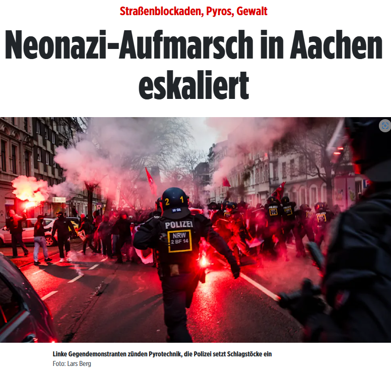Das ist kein Journalismus, sondern Propaganda reinsten Wassers: Rechte (vielleicht auch Rechtsextreme) veranstalten eine angemeldete Demonstration in Aachen, 200 Teilnehmer kommen, friedlich. Weniger friedlich waren die aufmarschierten Linksextremisten, mit dem üblichen Programm,
