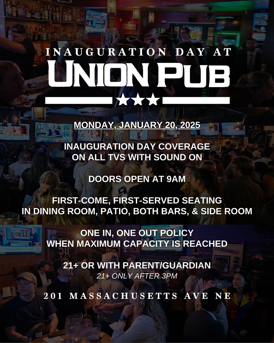 UnionPub's tweet photo. Planning to join us on #InaugurationDay? Know before you go!
#OnlyInDC #ThisTown #CapitolHillBar #AllRoadsLeadToUP #WashingtonDC https://t.co/maeXX2ObjI