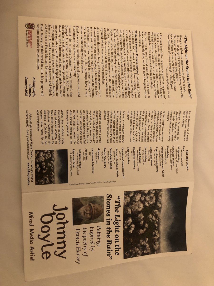 GerryMoriartyIT's tweet image. Privileged to open art exhib last night by friend Johnny Boyle inspired by poetry of another great friend, Frank Harvey at Regional Cultural Centre in Letterkenny. Runs 8 weeks. If in Donegal don’t miss, paintings are amazing capturing the wonder and mystery of sth-west Donegal