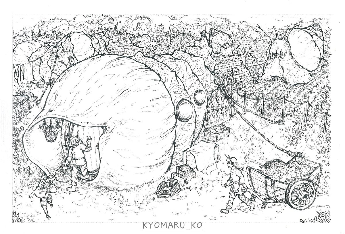 kyomaru_ko's tweet image. Snail Farmers of the Uchani region (idea from my original world)
Secret santa gift for an art friend!
🐌🧅

Black ink + watercolour, 15×21 cm

#fantasyart #fantasycreatures #worldbuildingart