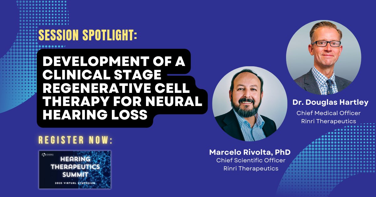 HearingHealthMatters (@hearinghealthm) on Twitter photo Can cell therapy restore hearing? Join Prof. Marcelo Rivolta & Prof. Douglas Hartley of <a href="/RinriTx/">Rinri Therapeutics</a> as they present Rincell-1, a first-in-human regenerative cell therapy for neural hearing loss at the Hearing Therapeutics Summit.
🔗 Register now: accelevents.com/e/Hearing-Ther… Can cell therapy restore hearing? Join Prof. Marcelo Rivolta & Prof. Douglas Hartley of <a href="/RinriTx/">Rinri Therapeutics</a> as they present Rincell-1, a first-in-human regenerative cell therapy for neural hearing loss at the Hearing Therapeutics Summit.
🔗 Register now: accelevents.com/e/Hearing-Ther…