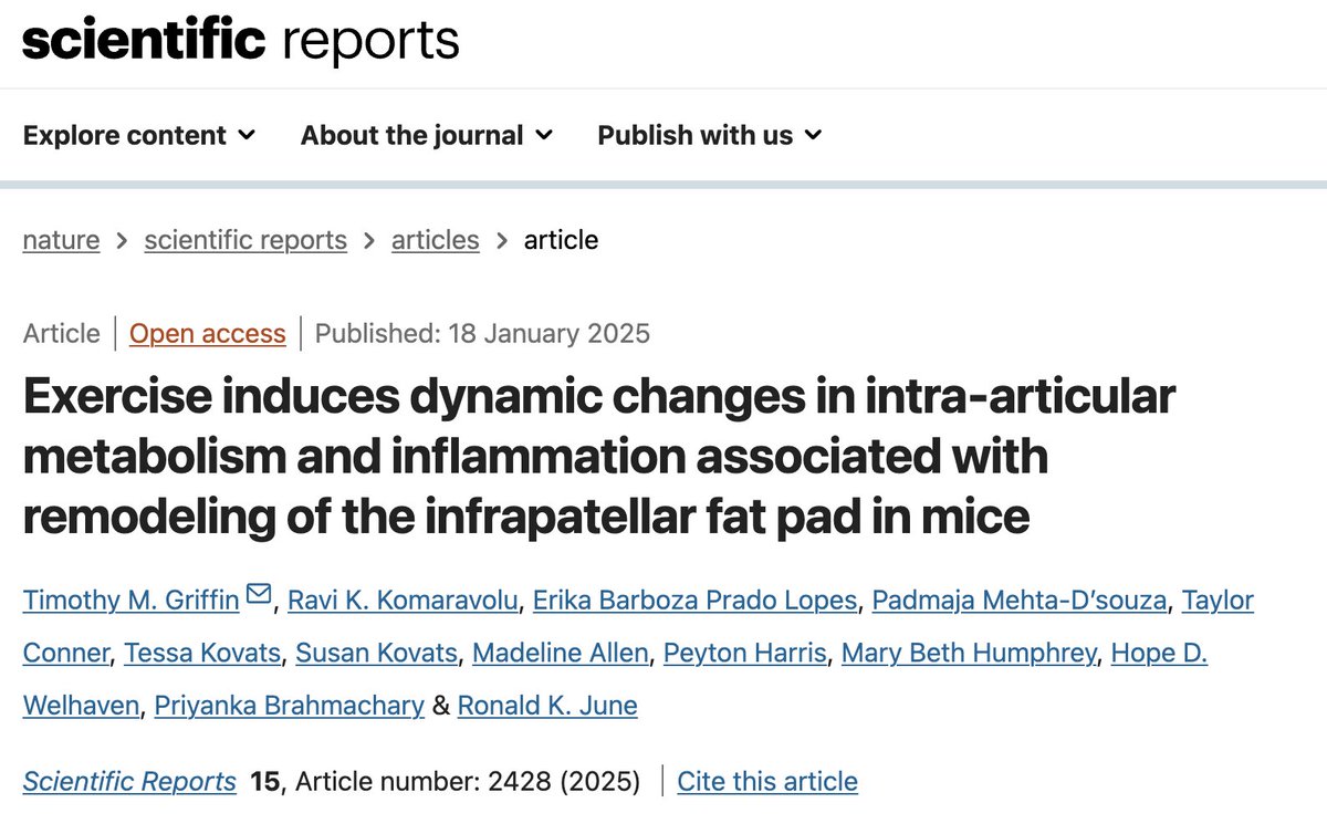 Thrilled to contribute to this study showing how sustained daily exercise boosts joint health! 🏃‍♂️ It transiently triggers and resolves knee fat pad inflammation, driving anti-inflammatory and metabolic adaptations for long-term benefits. #ExerciseScience #JointHealth
