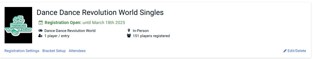 It took under 24 hours for TBD5 to not only hit our initial 150 person cap for DDR, but also exceed our total number of paid entrants from TBD4!

DDR's cap has currently been raised to 164.