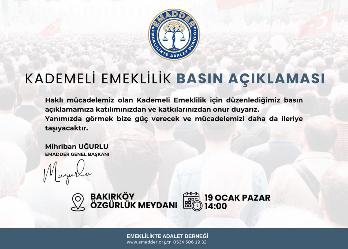 BAĞKUR VE EMEKLİLERİ DERNEĞİ (BAĞ-DER) (@bagkurdernegi) on Twitter photo BAĞ-DER Genel Başkanı
Mehmet Akif Cenkci yarın #EMADDER’in basın açıklamasına katılacaktır.
Müsait olan arkadaşlar katılım sağlayabilirler.
<a href="/mihribanugurluu/">Mihriban UĞURLU ⚖️</a>
<a href="/ma_cenkci/">Mehmet Akif Cenkci</a>
<a href="/EmadDernegi/">EMEKLİLİKTE ADALET DERNEĞİ ⚖️</a>
<a href="/BAGKURDERNEGI/">BAĞKUR VE EMEKLİLERİ DERNEĞİ (BAĞ-DER)</a>
#KademeBakırköyde
#BağKur BAĞ-DER Genel Başkanı
Mehmet Akif Cenkci yarın #EMADDER’in basın açıklamasına katılacaktır.
Müsait olan arkadaşlar katılım sağlayabilirler.
<a href="/mihribanugurluu/">Mihriban UĞURLU ⚖️</a>
<a href="/ma_cenkci/">Mehmet Akif Cenkci</a>
<a href="/EmadDernegi/">EMEKLİLİKTE ADALET DERNEĞİ ⚖️</a>
<a href="/BAGKURDERNEGI/">BAĞKUR VE EMEKLİLERİ DERNEĞİ (BAĞ-DER)</a>
#KademeBakırköyde
#BağKur