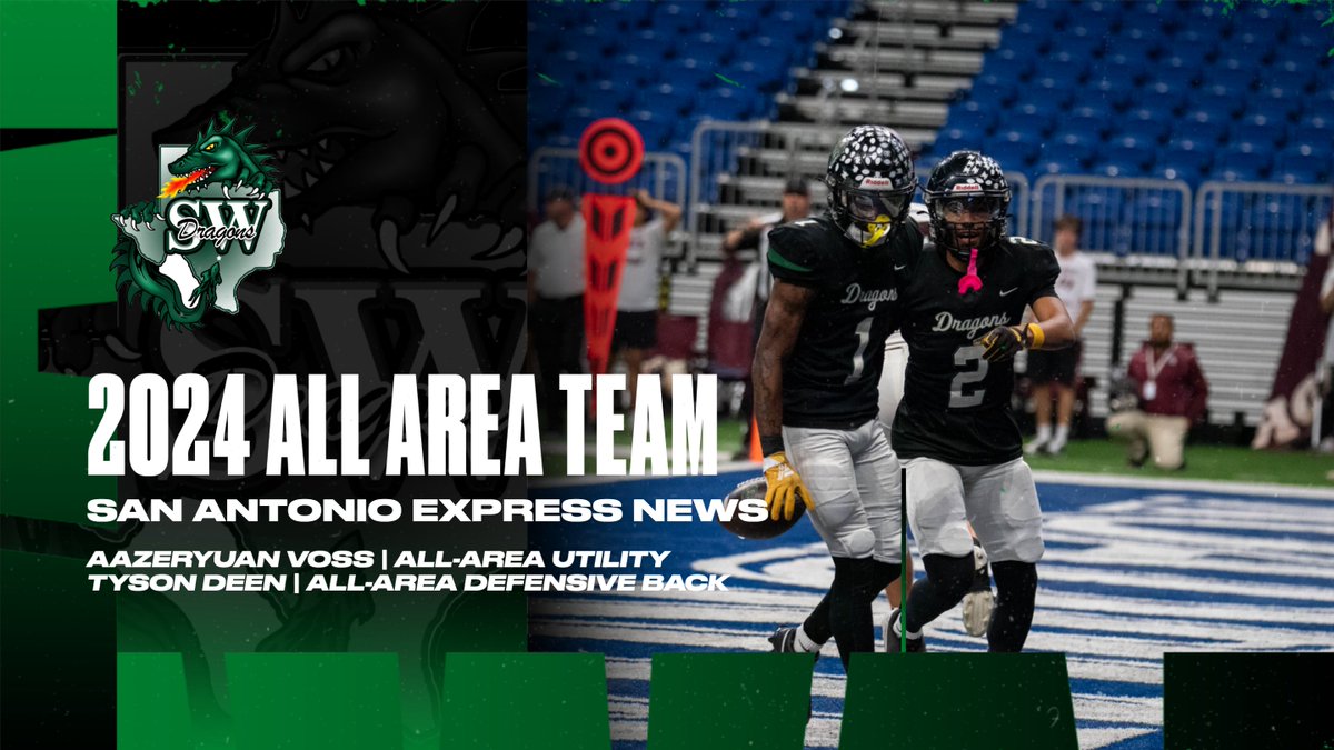 Southwest Dragons Football (@swdragonsfb) on Twitter photo Congratulations to <a href="/AazeryuanVoss11/">Aazeryuan “Z” Voss</a> and <a href="/tyson_deen/">Tyson Deen</a> for being selected to the 2024 <a href="/ExpressNews/">San Antonio Express-News</a> All-Area Team! Z was selected as All-Area Utility and Tyson was All-Area Defensive Back! Well deserved for the two dynamic playmakers! <a href="/sanantoniohss/">San Antonio High School Sports</a> #AAAO
expressnews.com/sports/high-sc… Congratulations to <a href="/AazeryuanVoss11/">Aazeryuan “Z” Voss</a> and <a href="/tyson_deen/">Tyson Deen</a> for being selected to the 2024 <a href="/ExpressNews/">San Antonio Express-News</a> All-Area Team! Z was selected as All-Area Utility and Tyson was All-Area Defensive Back! Well deserved for the two dynamic playmakers! <a href="/sanantoniohss/">San Antonio High School Sports</a> #AAAO
expressnews.com/sports/high-sc…