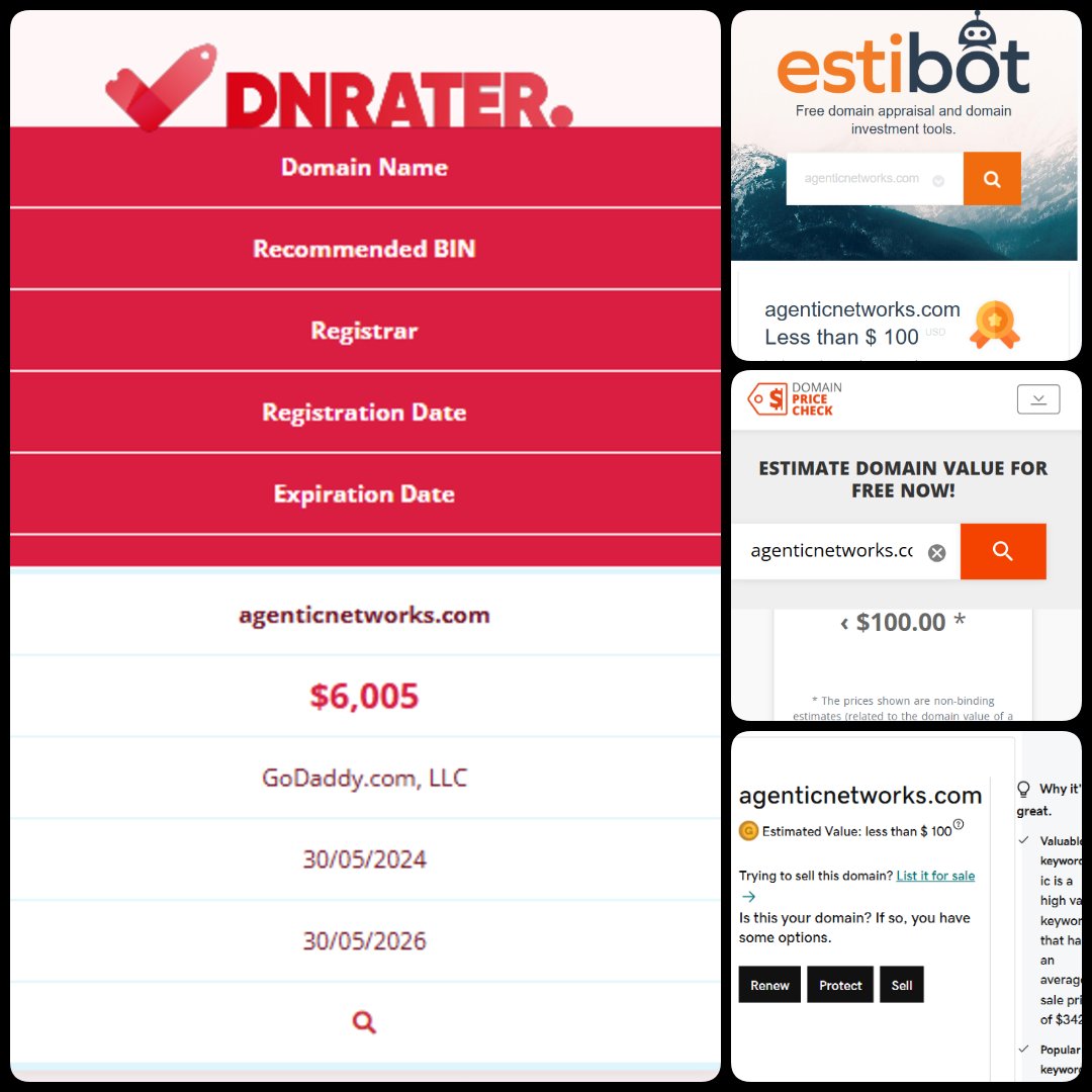 🌐 AGENTICNETWORKS .com

💰Sold Price : $9,995

✔️<a href="/dnrater/">DNRater</a> Recommended BIN : $6,005
✔️Godaddy Estimation : &lt;$100
✔️Estibot Valuation : &lt;$100
✔️InternetX Appraisal : &lt;$100

📌 Venue : <a href="/afternic/">Afternic</a> 
🗓️ 2025-01-16