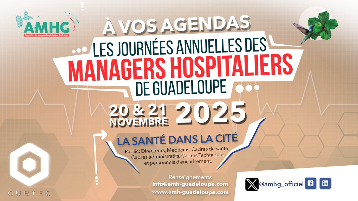 Managers Hospitaliers Guadeloupe 🏥 (@amhg_officiel) on Twitter photo Journées Annuelles des Managers Hospitaliers de Guadeloupe - 20 & 21 novembre 2025.
📍 Thème : La santé dans la cité.
🖥 amh-guadeloupe.com/theme-des-jour…
Renseignements : info@amh-guadeloupe.com
L'AMHG à la manière du #colibri
📍 Travailler ensemble pour réussir ensemble 🏥 Journées Annuelles des Managers Hospitaliers de Guadeloupe - 20 & 21 novembre 2025.
📍 Thème : La santé dans la cité.
🖥 amh-guadeloupe.com/theme-des-jour…
Renseignements : info@amh-guadeloupe.com
L'AMHG à la manière du #colibri
📍 Travailler ensemble pour réussir ensemble 🏥