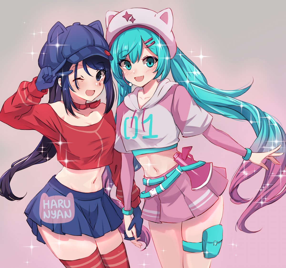 Haru_nyanx3's tweet image. Ambas tienen su outfit similar así que quise dibujarlas juntas :3 #miside #cappie #capi #hatsunemiku #Mikufortnite #fortnite #miku #mikuhatsune