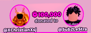 Okay guys, so the winner of the giveaway from like a week ago is @Sub2LeStra! Congrats on winning the 100k ROBUX! ( Sorry it took a while, there were like 1k comments, and I had to put all the usernames on the wheel )