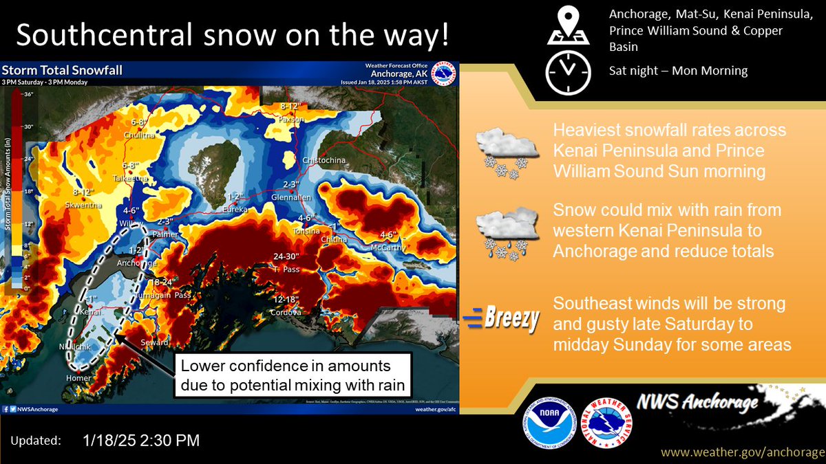 NWSAnchorage's tweet image. Here's a look at our updated snowfall forecast for the incoming storm system approaching Southcentral from Saturday evening through Monday.  Winter Weather Advisories are now in effect for Thompson Pass and Turnagain Pass beginning later this evening into tonight. #akwx