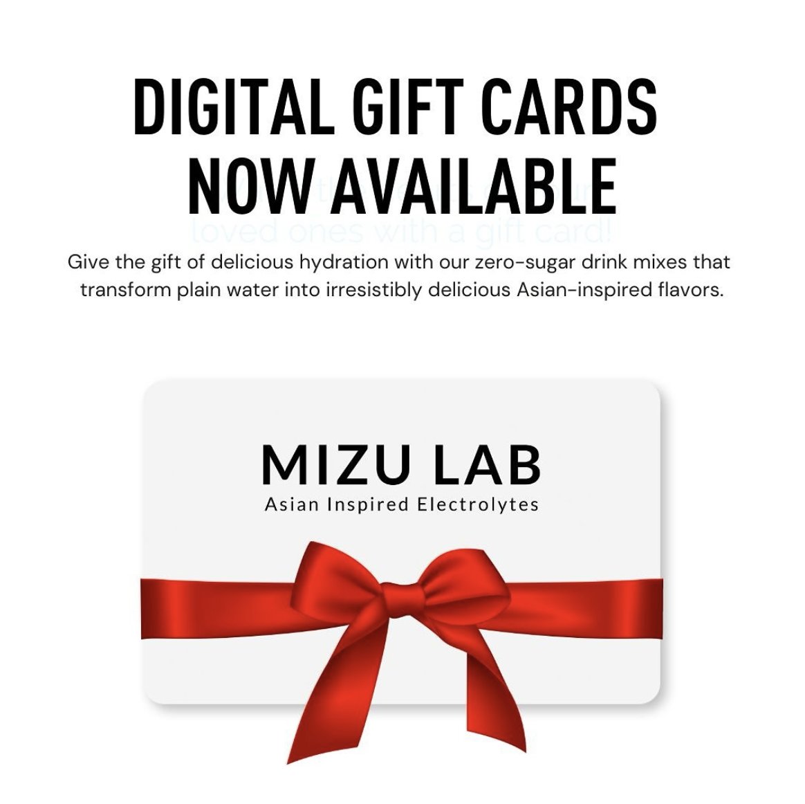 Our Mizu Lab digital gift cards are here! Starting at just $10, it’s the easiest way to treat your friends to refreshing, Asian-inspired electrolytes. Perfect for any occasion—because who doesn’t love staying hydrated?

Check out our website (link in our bio).