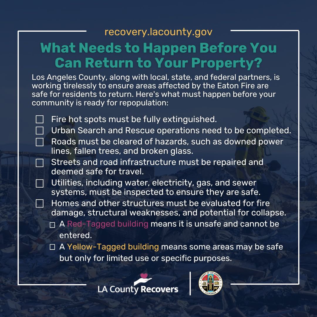 Wondering what needs to happen before you can return to your property? 
Before your community is ready for repopulation, several critical steps must be completed to ensure your safe return. recovery.lacounty.gov/returning-afte…