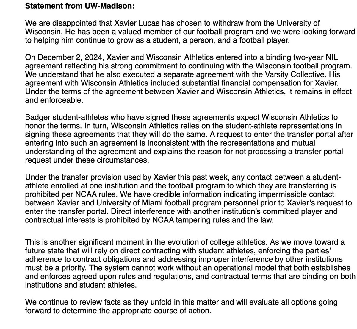 BuckyRecruiting's tweet photo. Final time touching on Xavier Lucas situation.

1. UW was in the right this entire time.. as expected.
2. If you want to make Pro Athlete money.. honor your Pro Athlete contracts.  
3. Wisconsin will forever stuff Miami Football in a locker https://t.co/lGHaa8QclV