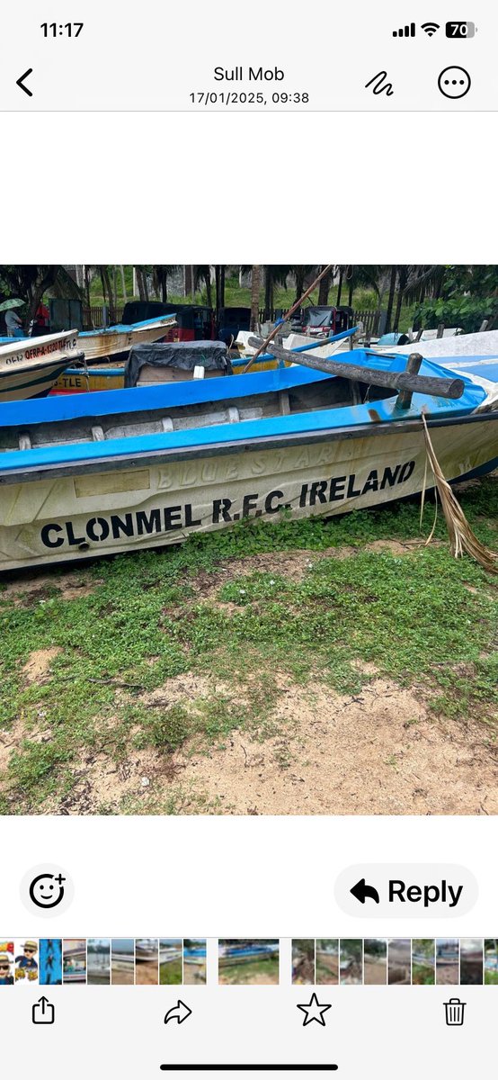 Saleenmack's tweet photo. Congratulations to ⁦@ClonmelRFC⁩ on your deserved win against ⁦⁦@Midleton_RFC⁩  A friend of Midleton is in Sri Lanka and found this donated boat, from the Tsunami in 2004! Fair play! https://t.co/lPIC5VgeGh