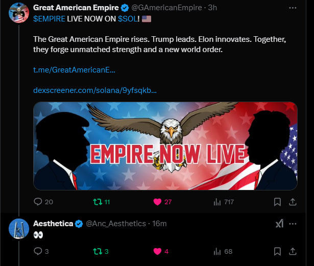 KaylaSPL's tweet photo. @blknoiz06 welp... u should check which plus is the Great American Empire. You won't regret Ansem. A personal friend of Elon Musk, Aesthetica, just replied to their X. If that's not bullish i don't know what it is!!! 

https://t.co/yJPTfdnPwm https://t.co/s9sB8Tq7kJ