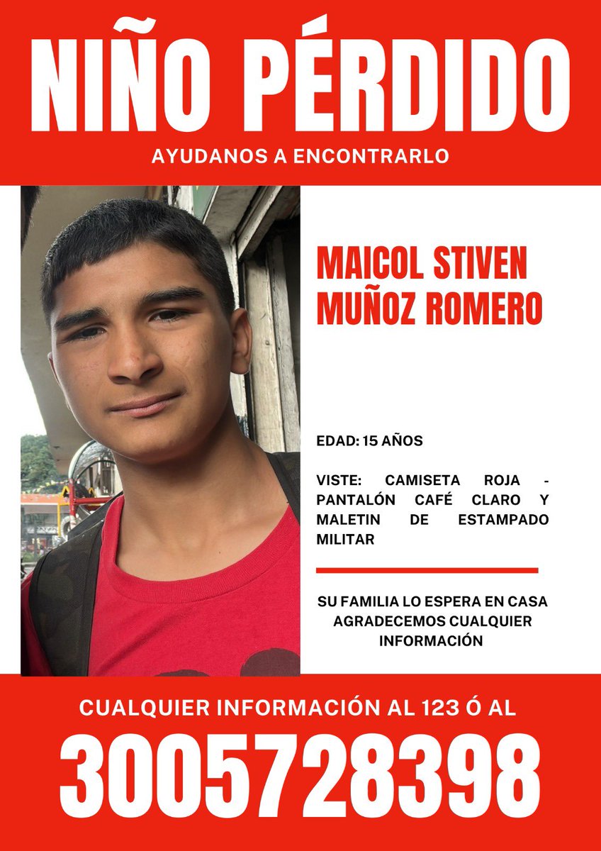 FERNANDO MARTINEZ (@fernandomarti20) on Twitter photo Hola a todos por favor difundir, es mi sobrino y está desaparecido desde esta mañana. Ya es de noche y no podemos tener paz hasta saber de él. Por favor ayudar a difundir a ver si alguien a visto y nos ayuda a encontrarlo. <a href="/PoliciaCali/">Policía Metropolitana Santiago de Cali</a> <a href="/PoliciaColombia/">Policía de Colombia</a> <a href="/CaracolTV/">Caracol Televisión</a> <a href="/NoticiasRCN/">Noticias RCN</a> Hola a todos por favor difundir, es mi sobrino y está desaparecido desde esta mañana. Ya es de noche y no podemos tener paz hasta saber de él. Por favor ayudar a difundir a ver si alguien a visto y nos ayuda a encontrarlo. <a href="/PoliciaCali/">Policía Metropolitana Santiago de Cali</a> <a href="/PoliciaColombia/">Policía de Colombia</a> <a href="/CaracolTV/">Caracol Televisión</a> <a href="/NoticiasRCN/">Noticias RCN</a>