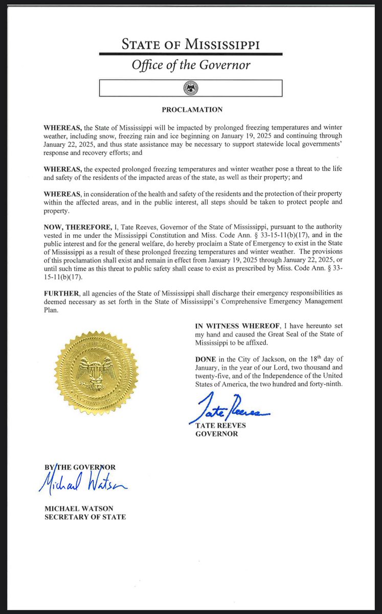 Magnolia Tribune (@magnoliatribune) on Twitter photo Governor <a href="/tatereeves/">Governor Tate Reeves</a> has issued a State of Emergency in Mississippi as a result of anticipated prolonged freezing temperatures and winter weather, from Jan. 19 through at least Jan. 22.
Stay weather aware and be safe, Mississippi. Governor <a href="/tatereeves/">Governor Tate Reeves</a> has issued a State of Emergency in Mississippi as a result of anticipated prolonged freezing temperatures and winter weather, from Jan. 19 through at least Jan. 22.
Stay weather aware and be safe, Mississippi.