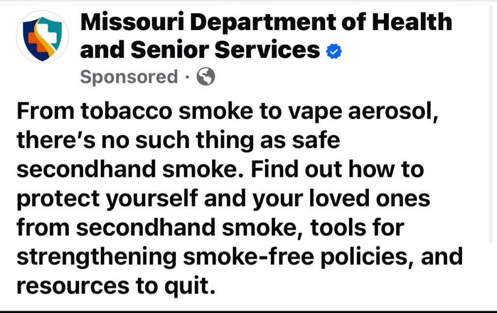 Why are our tax dollars funding health misinformation?

<a href="/HealthyLivingMo/">Missouri Department of Health & Senior Services</a> 
tries to equate vaping with smoking on paid social media. 

Study from Drexel University finds no harm to bystanders via vapor.
Study Link 🔗 bmcpublichealth.biomedcentral.com/articles/10.11… #MoLeg