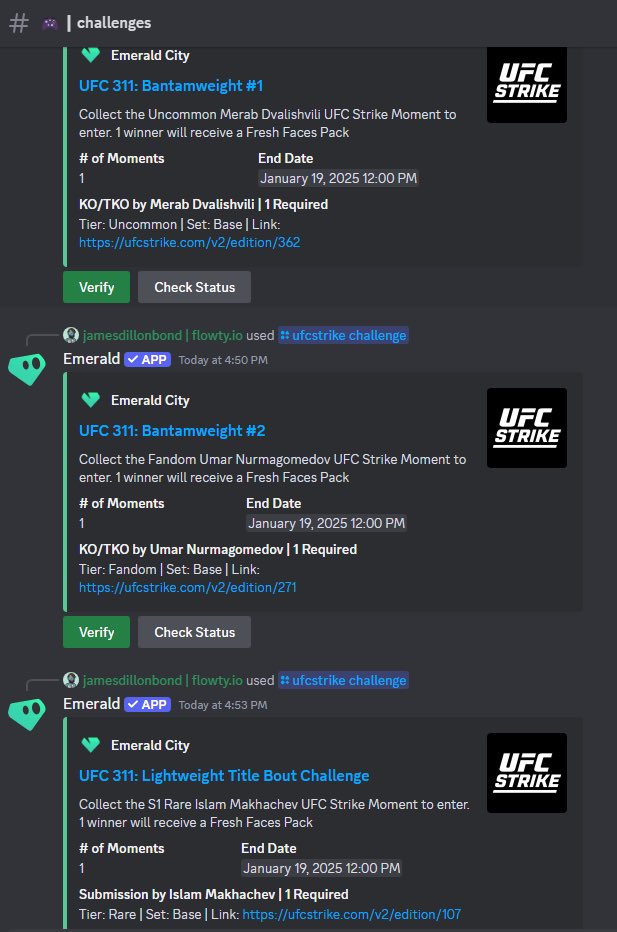 Let’s have some fun tonight with a few giveaways for #UFC311! 👊

👾We just launched 3 <a href="/UFCStrike/">UFC Strike</a> Challenges in the Challenges channel within the Flowty Discord server, each featuring fighters in #UFC311 title bouts! One winner from each challenge will win a Fresh Faces
