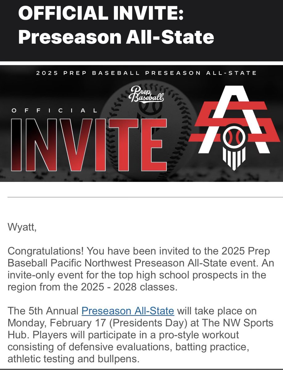 Thank you <a href="/PBR_DanJurik/">Dan Jurik</a> and <a href="/PrepBaseballWA/">Prep Baseball Washington</a> for the invite to the Preseason All-state event. I look forward to participating in the event.