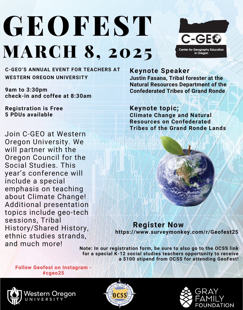 Center for Geography Education in Oregon is partnered with Oregon Council for the Social Studies for our annual GeoFest conference on March 8, 2025 at Western Oregon University Registration is now open! #oregonteachers #oregongeographyteachers