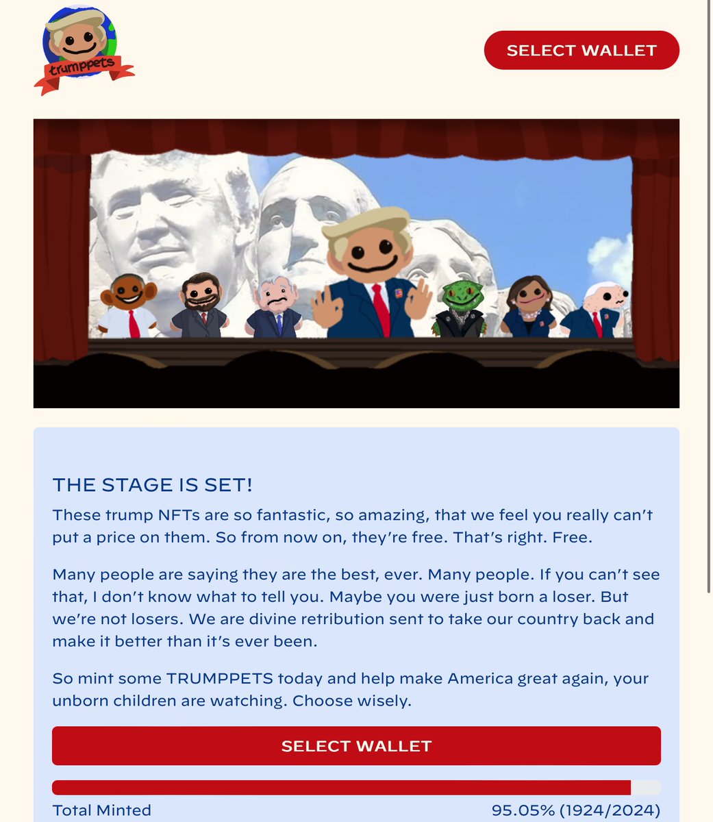 Trumppets2024's tweet photo. Looks like word got out about the greatest NFT collection becoming a free mint…

Less than 100 Trumppets remain to be minted! 🎉 

Let’s make Solana great again 🇺🇸 https://t.co/XQCKonYARm