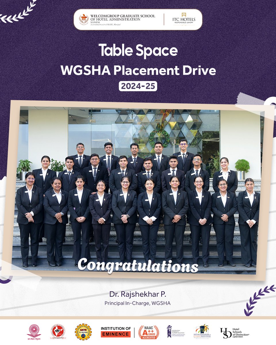 WManipal's tweet photo. Heartfelt congratulations to our future leaders who have been selected for the Table Space - Management Trainee Program!
@MAHE_Manipal @ITCHotels @ITCCorpCom
#placement #Tablespace #hotelmanagement #CulinarySchool #topinstitute #wgsha #mahe #manipal https://t.co/lMU9ofkeO2