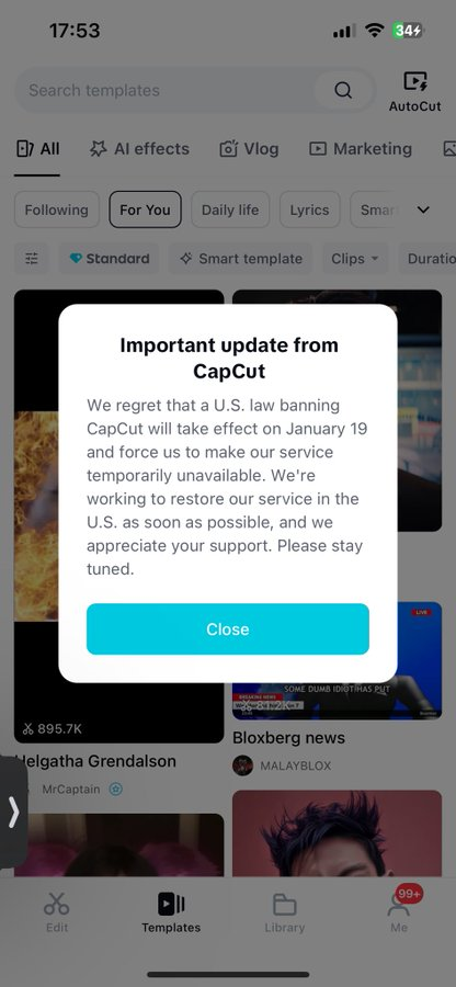 CONFIRMED:

TikTok and CapCut will be banned at 12:00 AM EST.

3 hours from now.