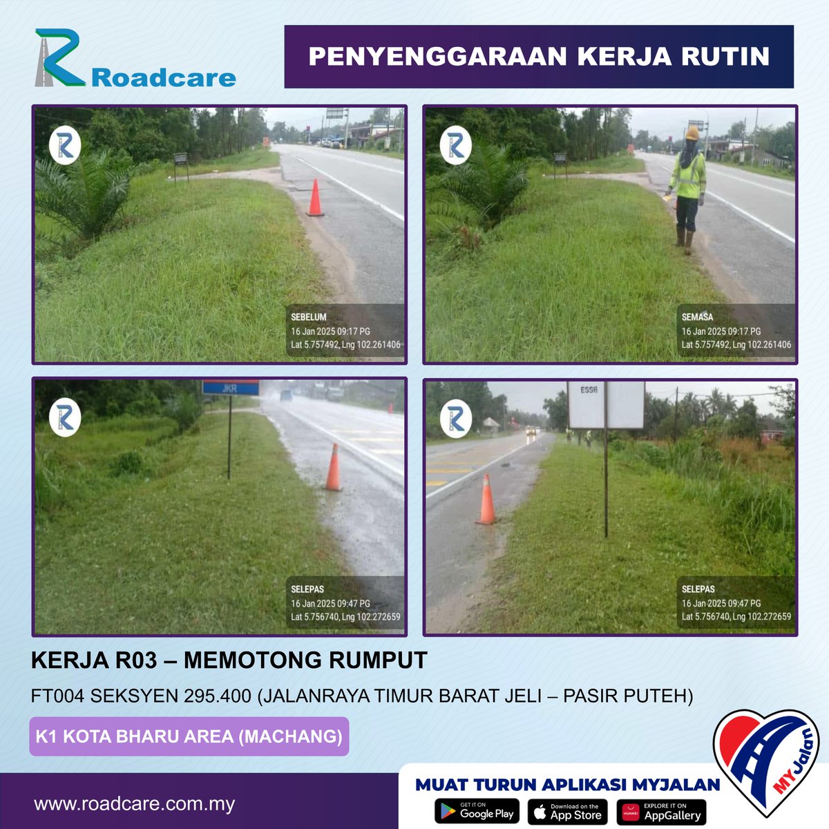 Penyenggaraan Rutin R03 #teamroadcare di laluan FT004 Jalanraya Timur Barat Jeli - Pasir Puteh
@JKRmachang
<a href="/BhgJalan_Kelate/">Bhg Jalan JKR Kelantan</a>
<a href="/JKRMalaysia/">JKR Malaysia</a>
<a href="/Roadcare_HQ/">ROADCARE (M) SDN BHD</a>
<a href="/Roadcare_Kelntn/">ROADCARE WILAYAH KELANTAN</a>
<a href="/ZTTCSFJ/">ZTT CSFJ</a>