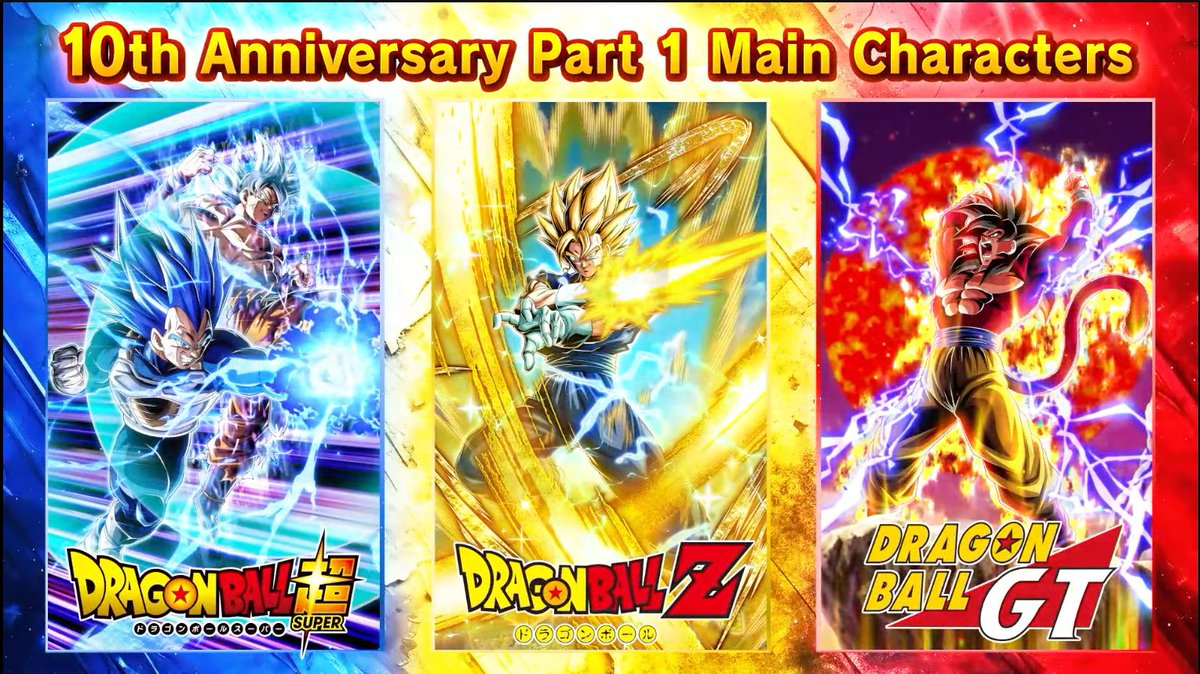 dokkan_kami's tweet image. 10周年前半の目玉キャラは

フェス限
「超サイヤ人孫悟空＋ベジータ▶超ベジット」
新スキル「リバーシブルチェンジ」

祭限定
「超サイヤ人超サイヤ人ゴッドSSベジータ（進化）」
「超サイヤ人3孫悟空（GT）（黄金大猿）▶超サイヤ人4孫悟空」

#ドッカンバトル
