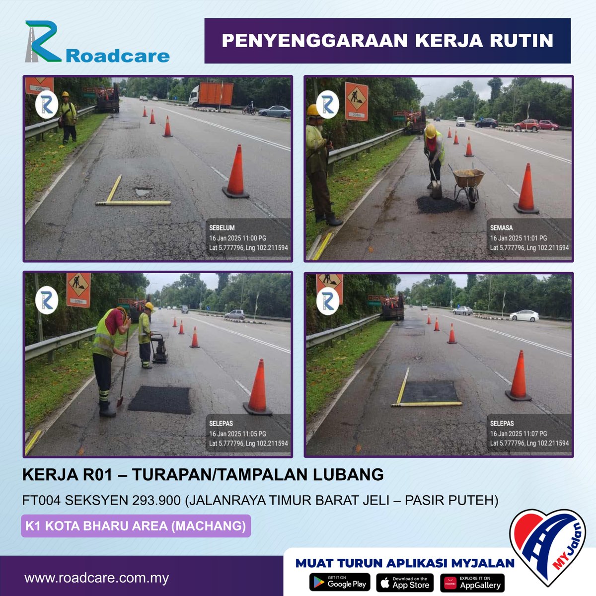 🚧 Kerja Penyenggaraan Rutin R01 - Turapan/Tampalan Lubang 🚧

16 Jan | 👷Kerja R01 di FT4 Sec 293.9 di Daerah #Machang disenggarakan oleh #teamroadcare bagi keselamatan &amp; keselesaan pengguna Jalan Persekutuan.
@JKRmachang
<a href="/BhgJalan_Kelate/">Bhg Jalan JKR Kelantan</a>
<a href="/Roadcare_HQ/">ROADCARE (M) SDN BHD</a>
<a href="/Roadcare_Kelntn/">ROADCARE WILAYAH KELANTAN</a>
<a href="/ZTTCSFJ/">ZTT CSFJ</a>
