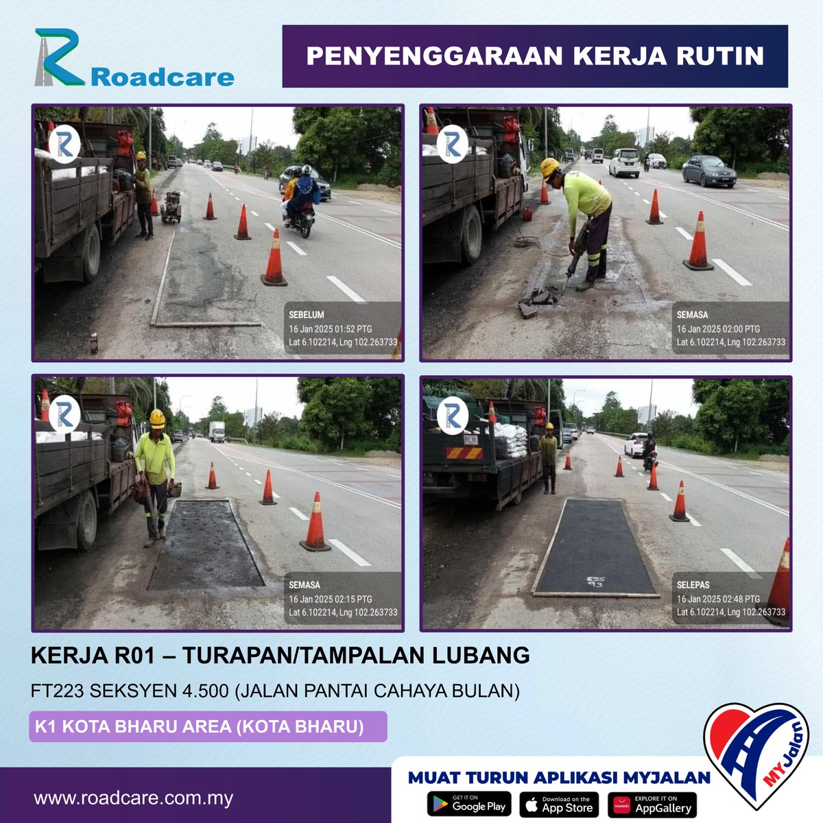 🚧 Kerja Penyenggaraan Rutin R01 - Turapan/Tampalan Lubang 🚧

16 Jan | 👷Kerja R01 di FT223 Seksyen 4.5 di Daerah #Kotabharu disenggarakan oleh #teamroadcare bagi keselamatan &amp; keselesaan pengguna Jalan Persekutuan

@JKRkotabharu
<a href="/BhgJalan_Kelate/">Bhg Jalan JKR Kelantan</a>
<a href="/Roadcare_HQ/">ROADCARE (M) SDN BHD</a>
<a href="/Roadcare_Kelntn/">ROADCARE WILAYAH KELANTAN</a>