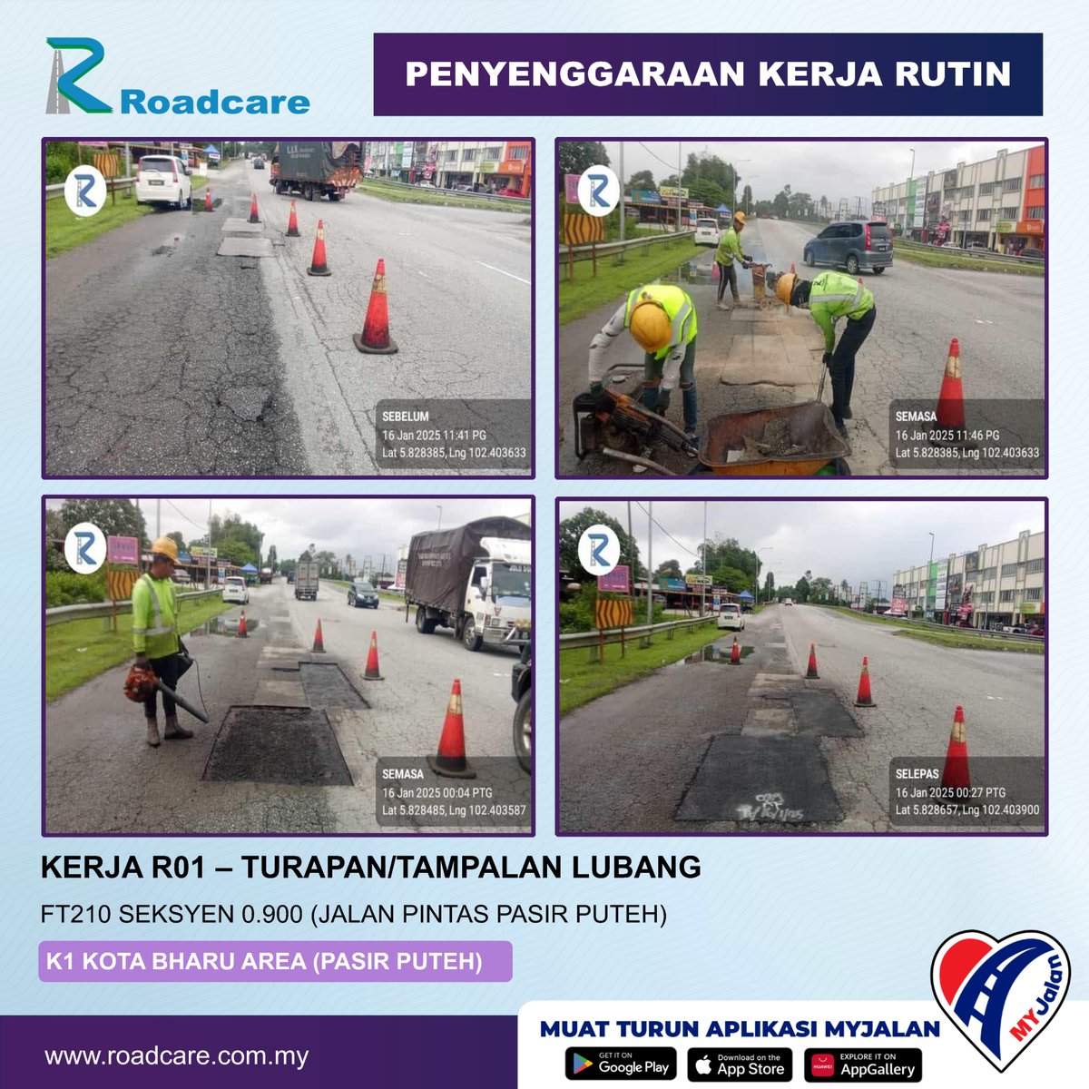 🚧 Kerja Penyenggaraan Rutin R01 - Turapan/Tampalan Lubang 🚧

16 Jan | 👷Kerja R01 di FT210 Seksyen 0.9 di Daerah #Pasirputeh disenggarakan oleh #teamroadcare bagi keselamatan &amp; keselesaan pengguna Jalan Persekutuan.
@JKRPputeh
<a href="/BhgJalan_Kelate/">Bhg Jalan JKR Kelantan</a>
<a href="/Roadcare_Kelntn/">ROADCARE WILAYAH KELANTAN</a>
<a href="/ZTTCSFJ/">ZTT CSFJ</a>
