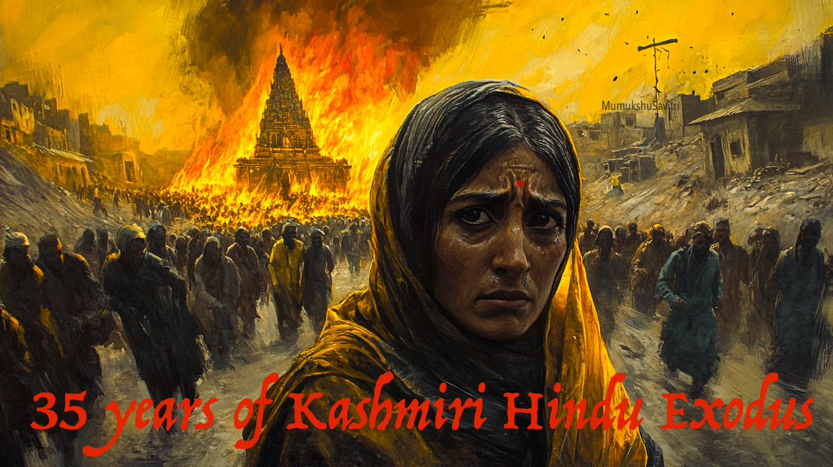 MumukshuSavitri's tweet photo. January 19, 1990: A night of horror that erased centuries of civilization. Kashmiri Hindus were hunted, brutalized, murdered and ethnically cleansed from their millennia old home of Kashmir. Rapes, massacres, and bloodcurdling threats of "Raliv, Tsaliv ya Galiv"(Convert, leave or perish) echoed from mosque loudspeakers. Islamic fanaticism shattered their lives forever. This was not just an atrocity; it was a genocide which forced them to flee into permanent exile. We must never forget - for to forget is to risk repeating history. 

#KashmiriHinduGenocide #kashmirexodus