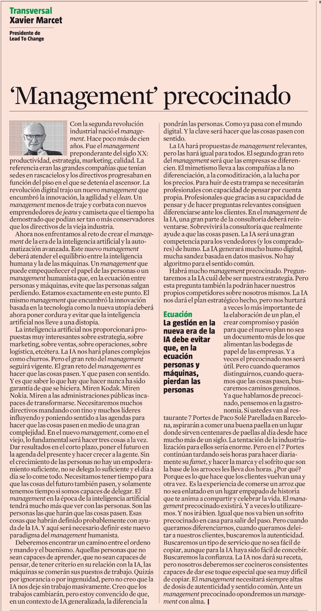 Xavier Marcet (@xaviermarcet) on Twitter photo El management de la IA será más precocinado, la IA hará planes como churros, pero la esencia del management no cambiará, hacer que las cosas pasen y que pasen con sentido, hoy en <a href="/LaVanguardia/">La Vanguardia</a> El management de la IA será más precocinado, la IA hará planes como churros, pero la esencia del management no cambiará, hacer que las cosas pasen y que pasen con sentido, hoy en <a href="/LaVanguardia/">La Vanguardia</a>