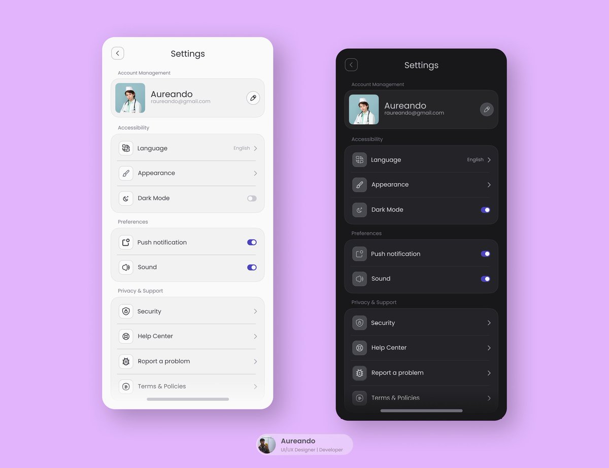 Settings UI : My Daily UI Challenge  💫

DailyUI 007

#DailyUI #UIUXDesign #IconDesign #GraphicDesign #FeedbackNeeded
#Figma <a href="/DailyUI/">Daily UI</a>
<a href="/figma/">Figma</a> <a href="/Icons8_Lunacy/">Lunacy</a>