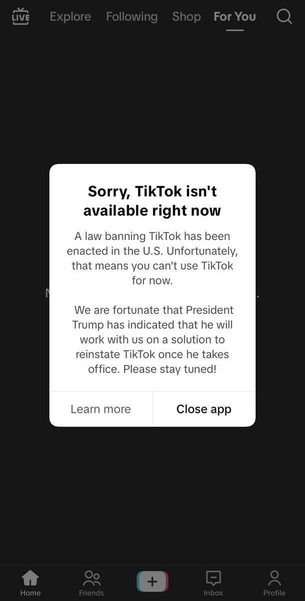 As expected, TikTok is offline. #TikTok 
A fitting end to the current administration (<a href="/POTUS/">President Donald J. Trump</a>). Hopefully <a href="/realDonaldTrump/">Donald J. Trump</a> will find a way to bring it back tomorrow. <a href="/tiktok_us/">TikTok US</a>