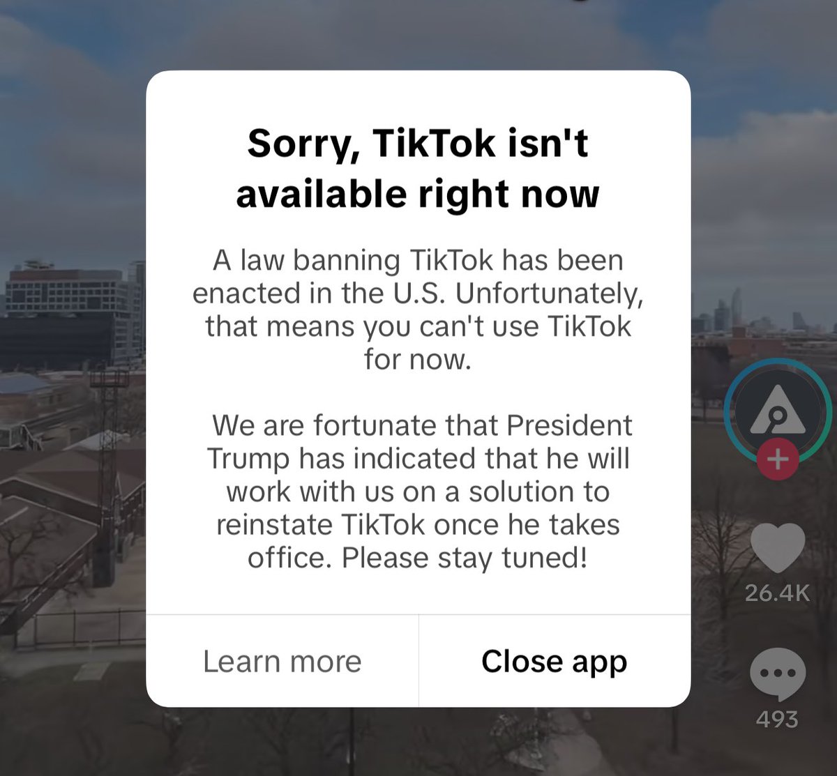 For those tracking this: I can no longer access TikTok as of 9:32pm CT. https://t.co/b8BR4iGXcL