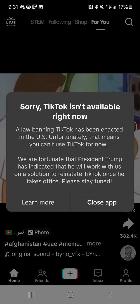 Tigertankbean's tweet photo. Tiktok &amp; Capcut ban has tooken place In the United States Of Amarica. https://t.co/i41nnCQPwc